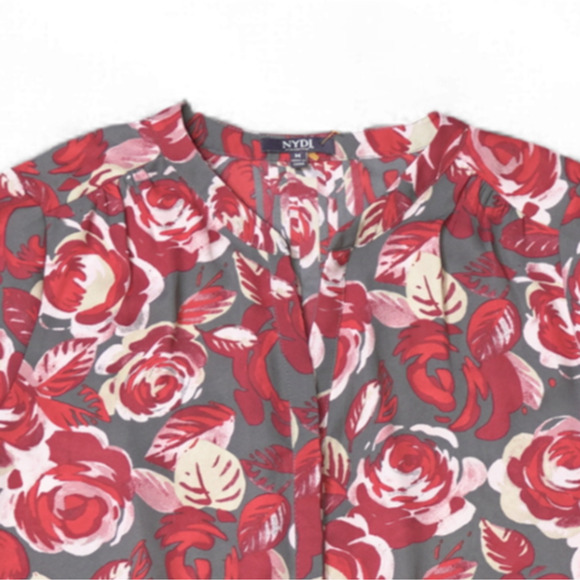 NYDJ Red Rose Blouse 3/4 Sleeve V-Neck Pleated Button-Down Holiday Romantic Sz M - Picture 6 of 14